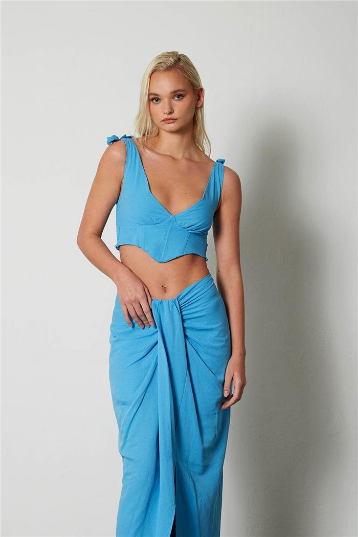 Nisan Kadın Drape Detaylı Keten Etek TURKUAZ N23-1633