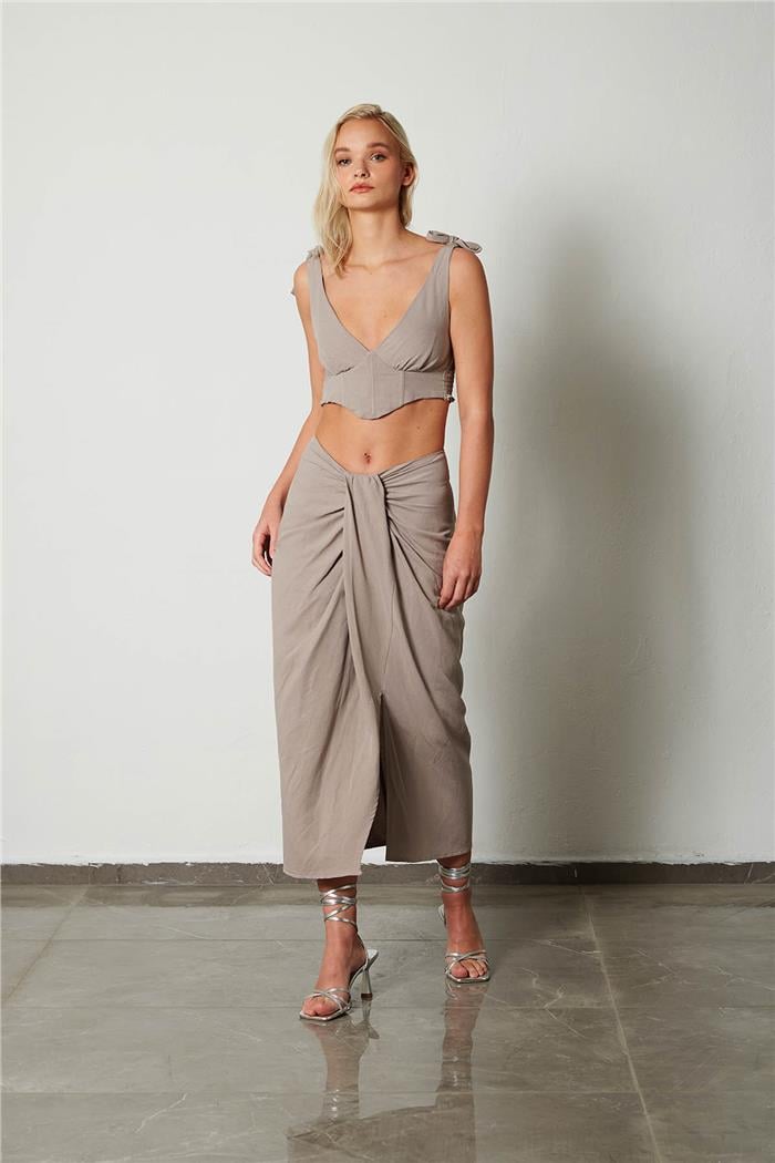 Nisan Kadın Drape Detaylı Keten Etek VİZON N23-1633