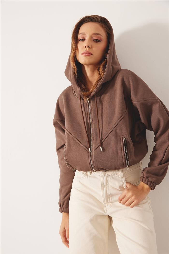Nisan Kadın Fermuarlı Oversize Sweatshirt KAHVE N24-1781