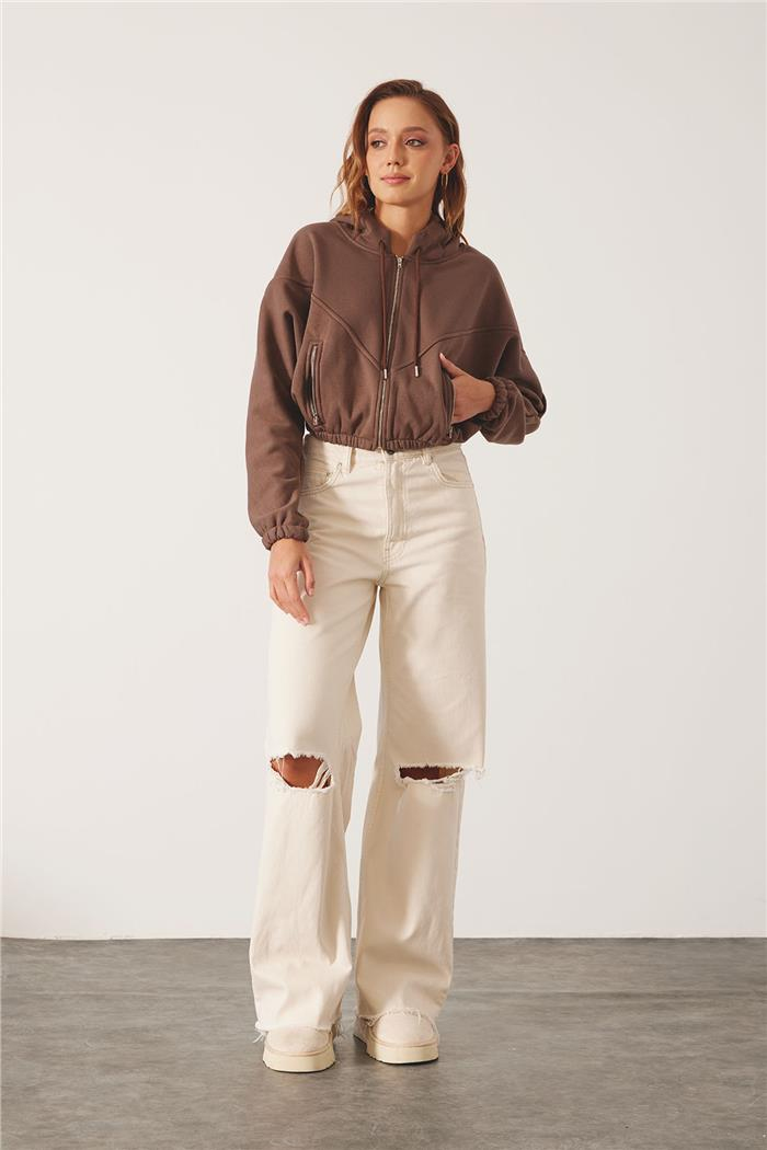 Nisan Kadın Fermuarlı Oversize Sweatshirt KAHVE N24-1781