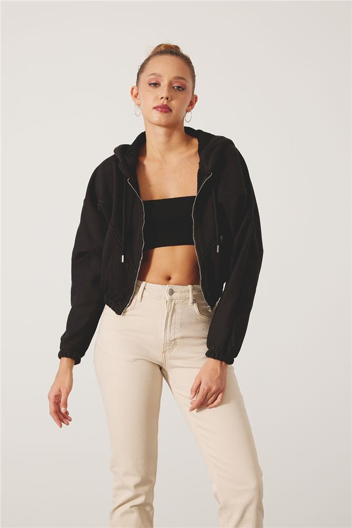 Nisan Kadın Fermuarlı Oversize Sweatshirt SİYAH N24-1781