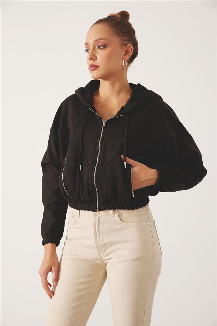 Nisan Kadın Fermuarlı Oversize Sweatshirt SİYAH N24-1781