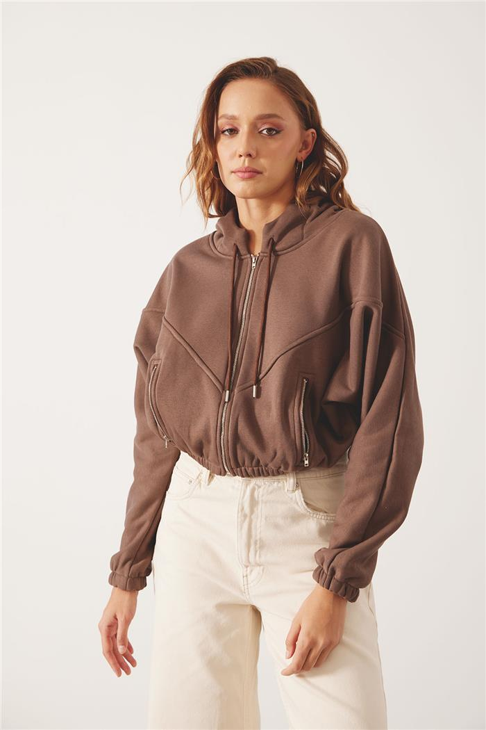 Nisan Kadın Fermuarlı Oversize Sweatshirt KAHVE N24-1781