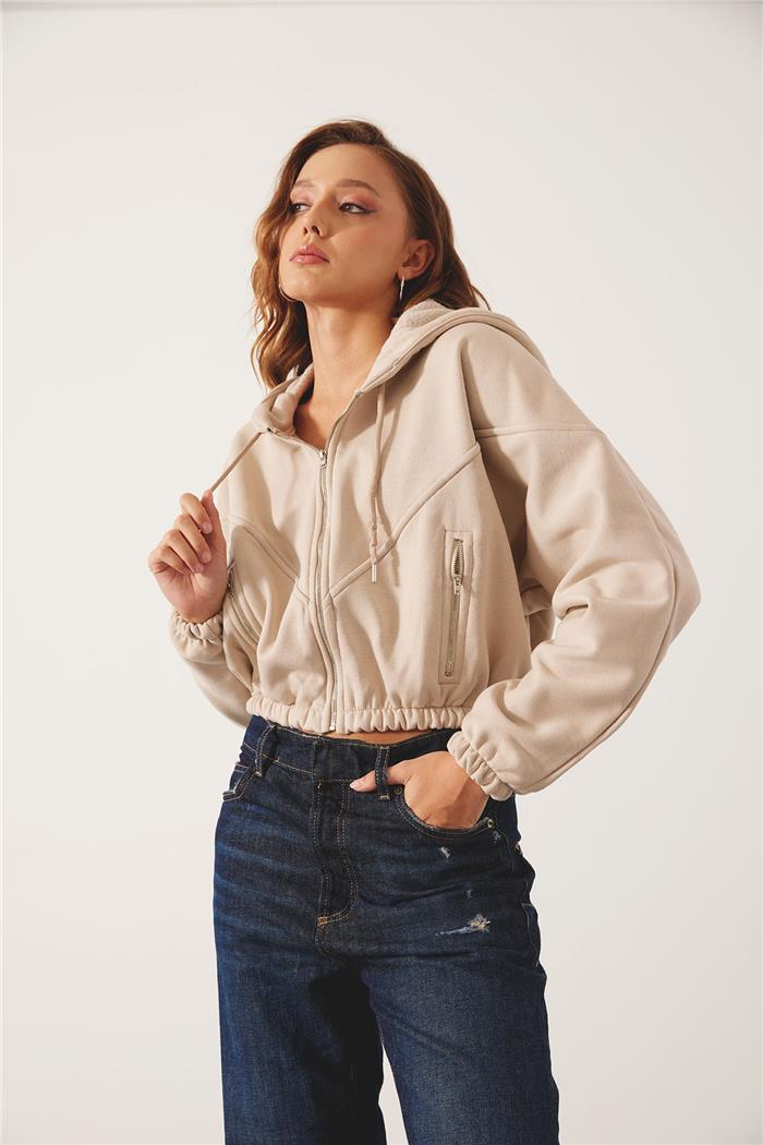 Nisan Kadın Fermuarlı Oversize Sweatshirt BEJ N24-1781