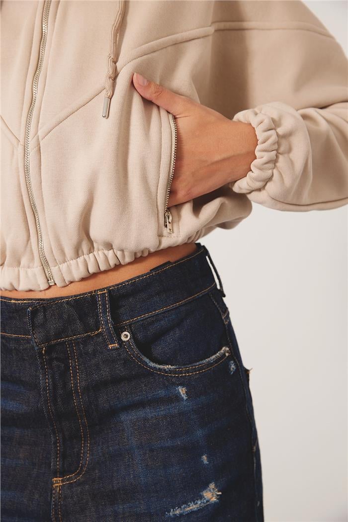 Nisan Kadın Fermuarlı Oversize Sweatshirt BEJ N24-1781