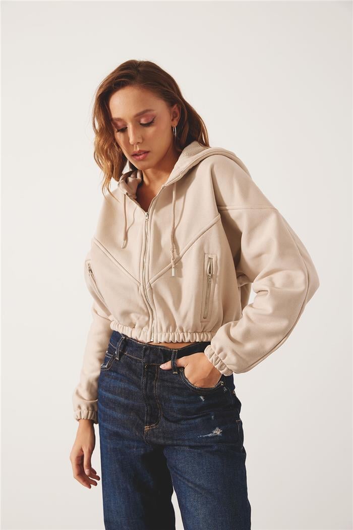 Nisan Kadın Fermuarlı Oversize Sweatshirt BEJ N24-1781