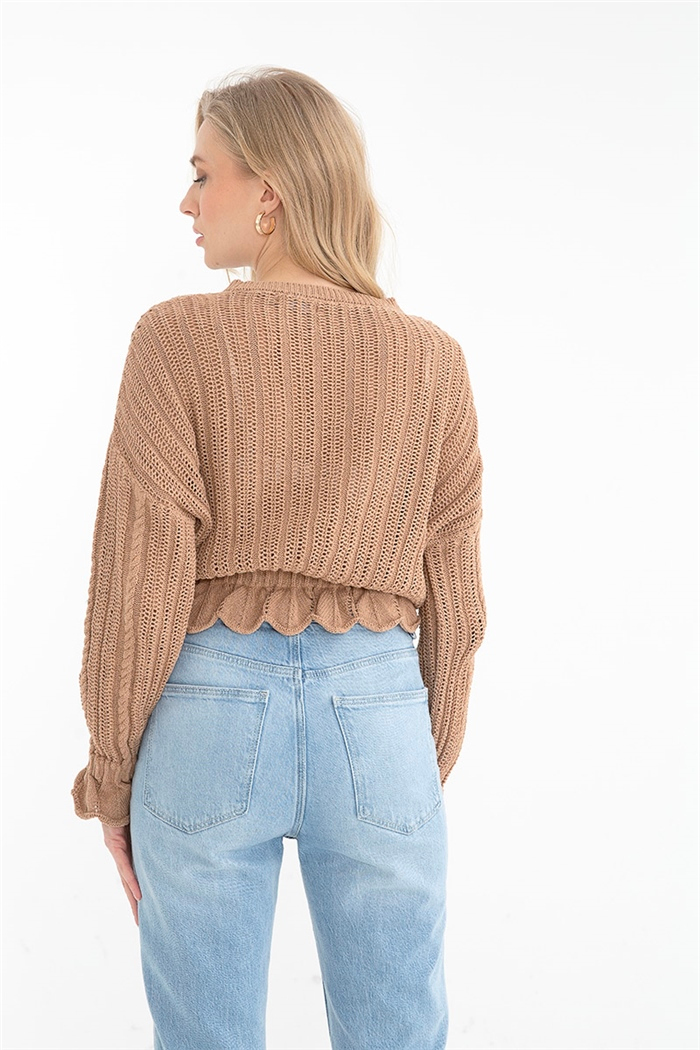 Nisan Kadın Fırfırlı Delikli Triko Kazak CAMEL TT3743-Z