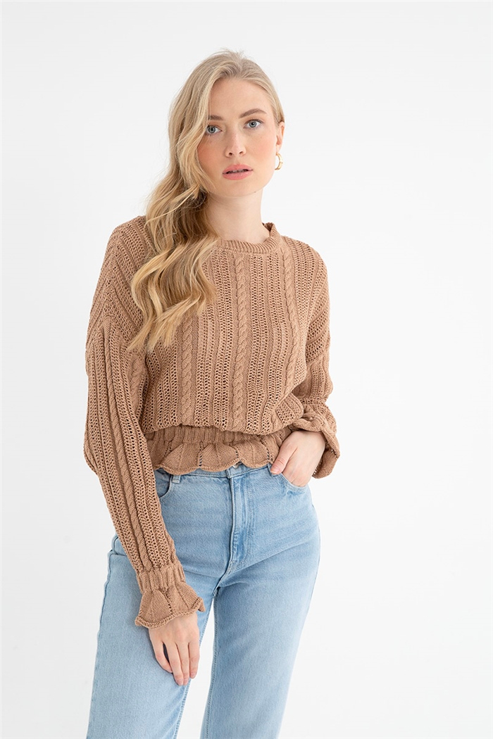 Nisan Kadın Fırfırlı Delikli Triko Kazak CAMEL TT3743-Z