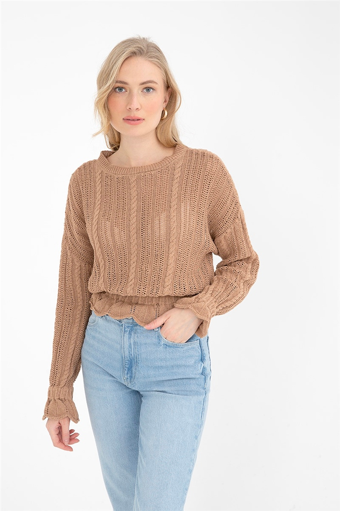 Nisan Kadın Fırfırlı Delikli Triko Kazak CAMEL TT3743-Z