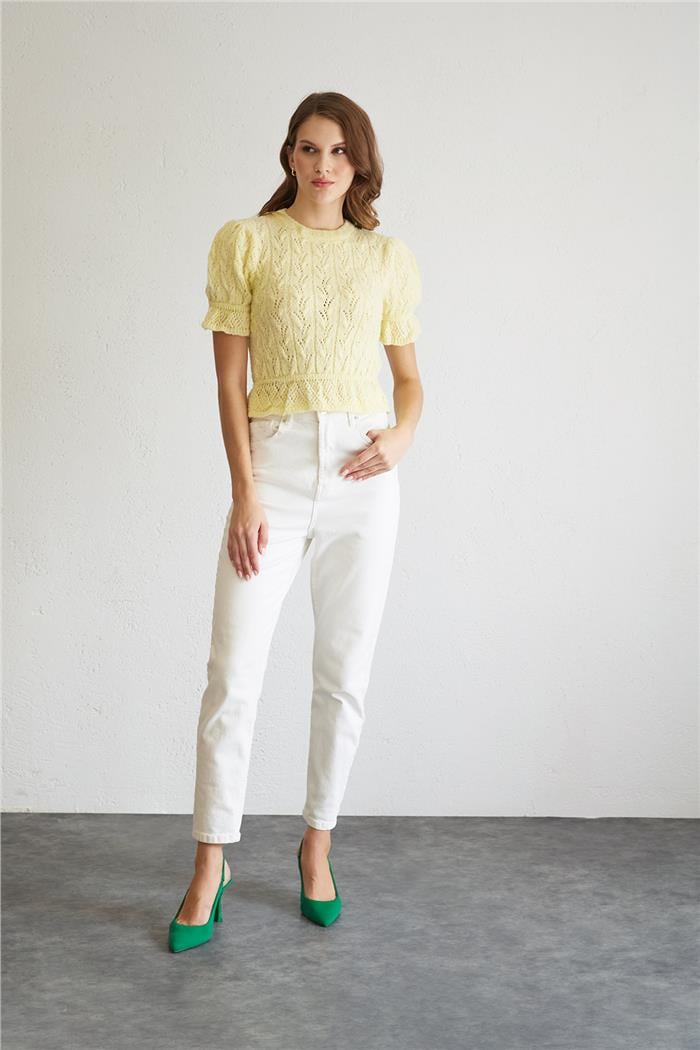 Nisan Kadın Kısa Kollu Triko Kazak SARI TT4057-Z