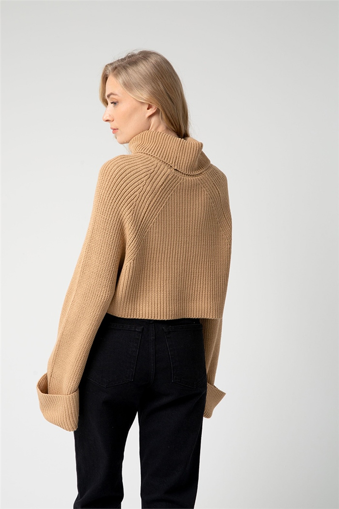 Nisan Kadın Kolu Katlamalı Balıkçı Yaka Triko Kazak CAMEL TT3747-Z