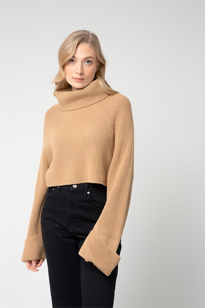 Nisan Kadın Kolu Katlamalı Balıkçı Yaka Triko Kazak CAMEL TT3747-Z