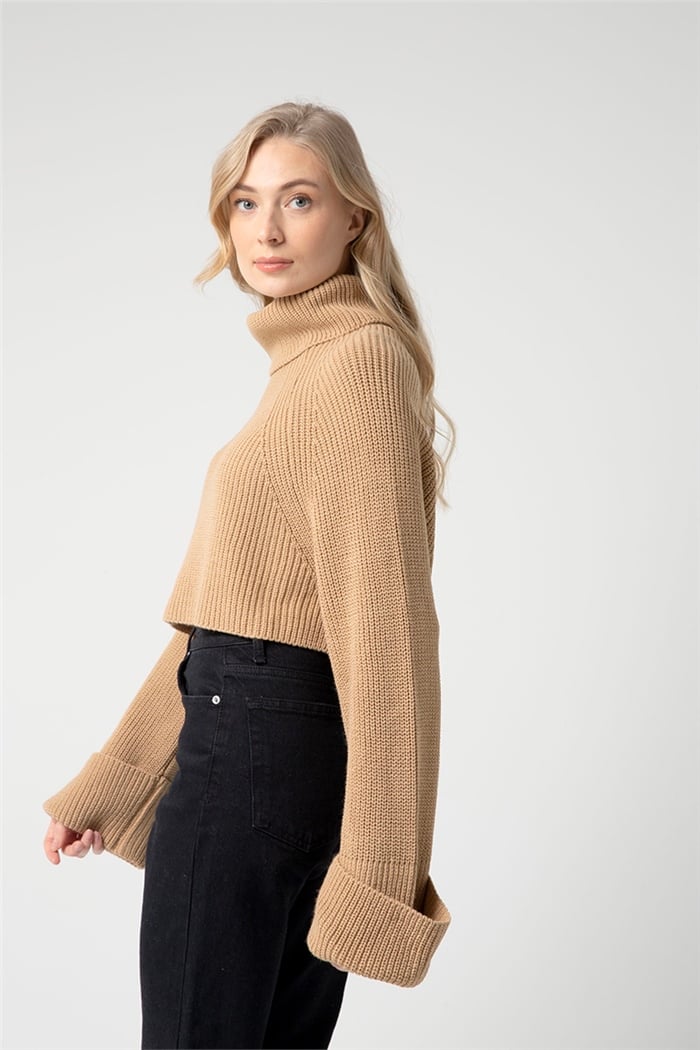 Nisan Kadın Kolu Katlamalı Balıkçı Yaka Triko Kazak CAMEL TT3747-Z