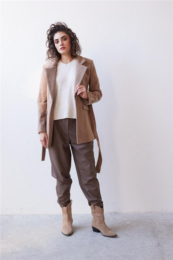 Nisan Kadın Kuşaklı Kaşe Kaban CAMEL PD24-1053