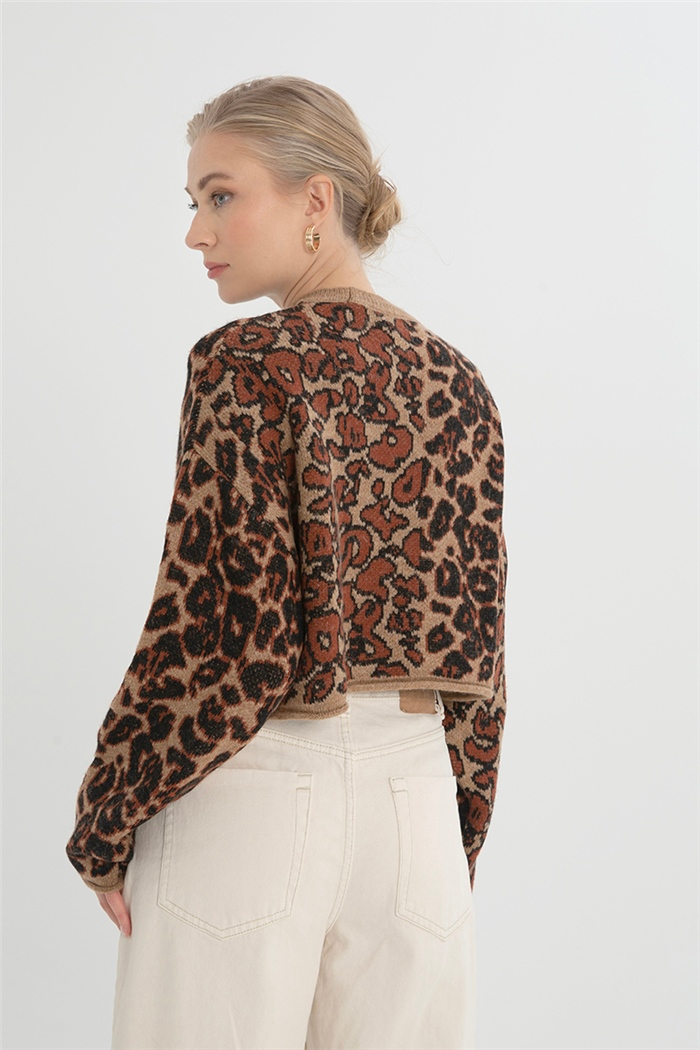 Nisan Kadın Leopar Desenli Triko Kazak CAMEL-TABA TT3791-Z