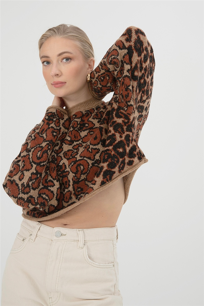 Nisan Kadın Leopar Desenli Triko Kazak CAMEL-TABA TT3791-Z