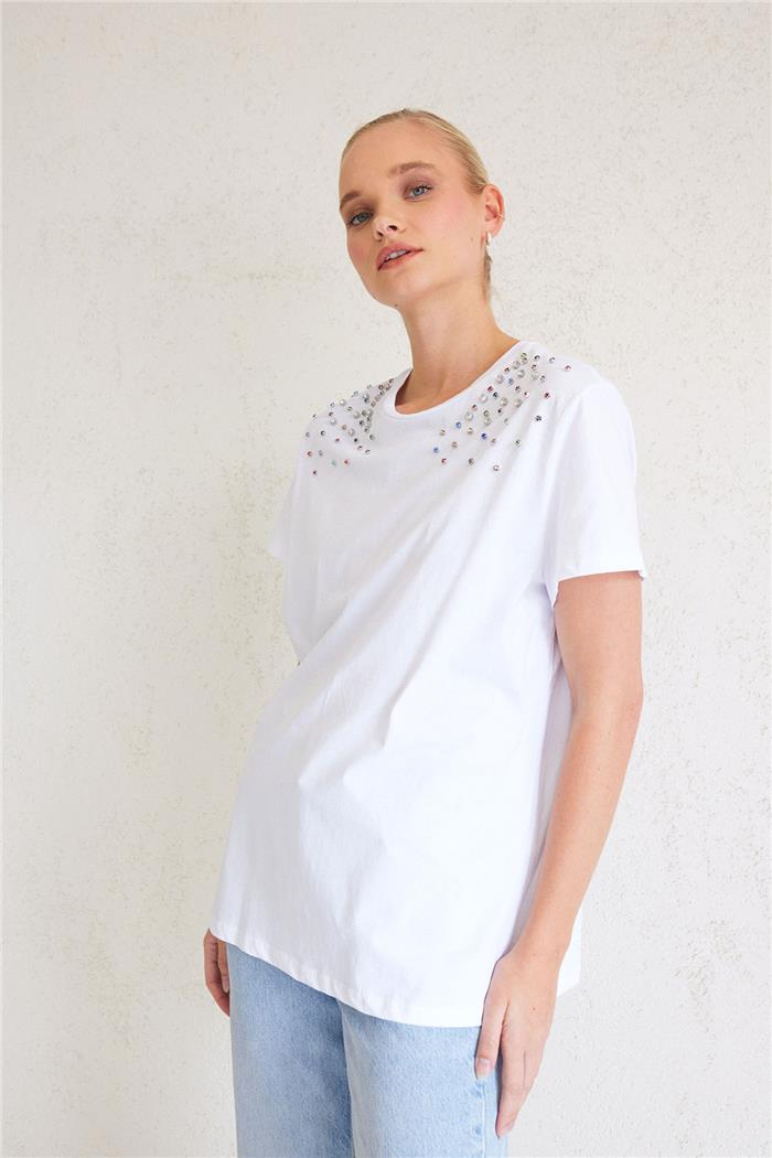Nisan Kadın Önü Taş İşlemeli T-Shirt EKRU N23-1651