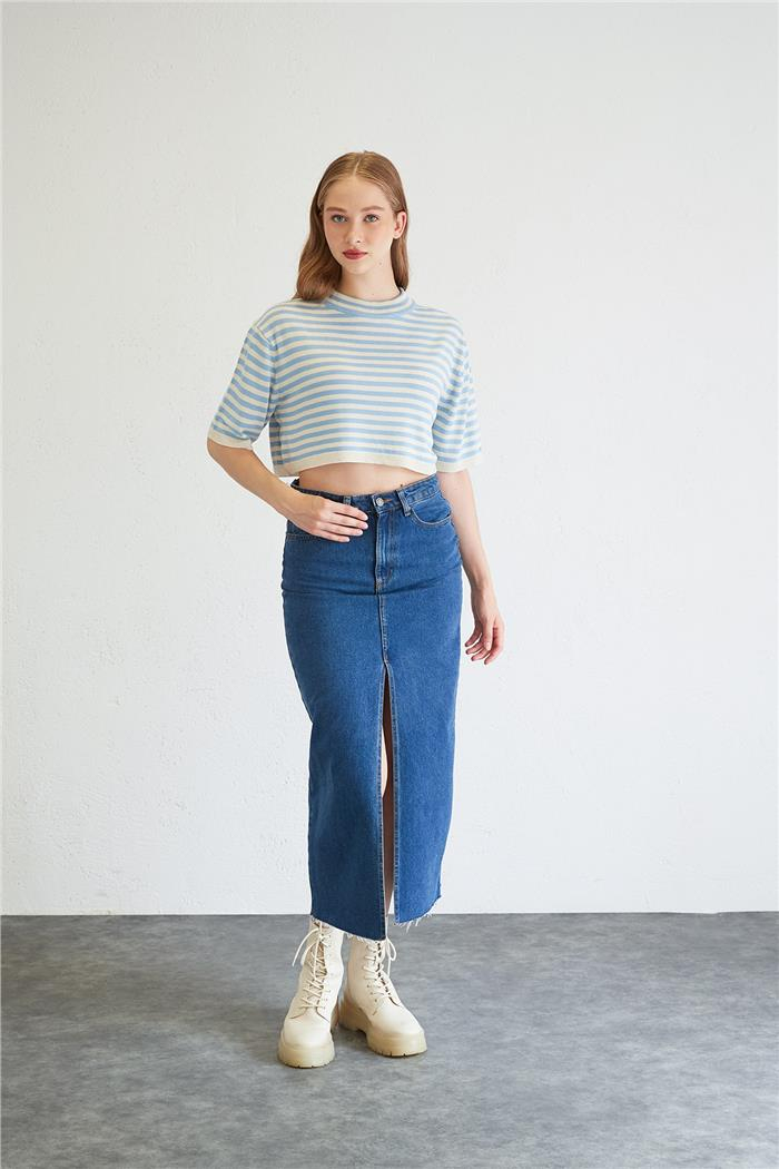 Nisan Kadın OVERSIZE TRİKO CROP TOP HAM EKRU-BEBE MAVİ TT4038-Z