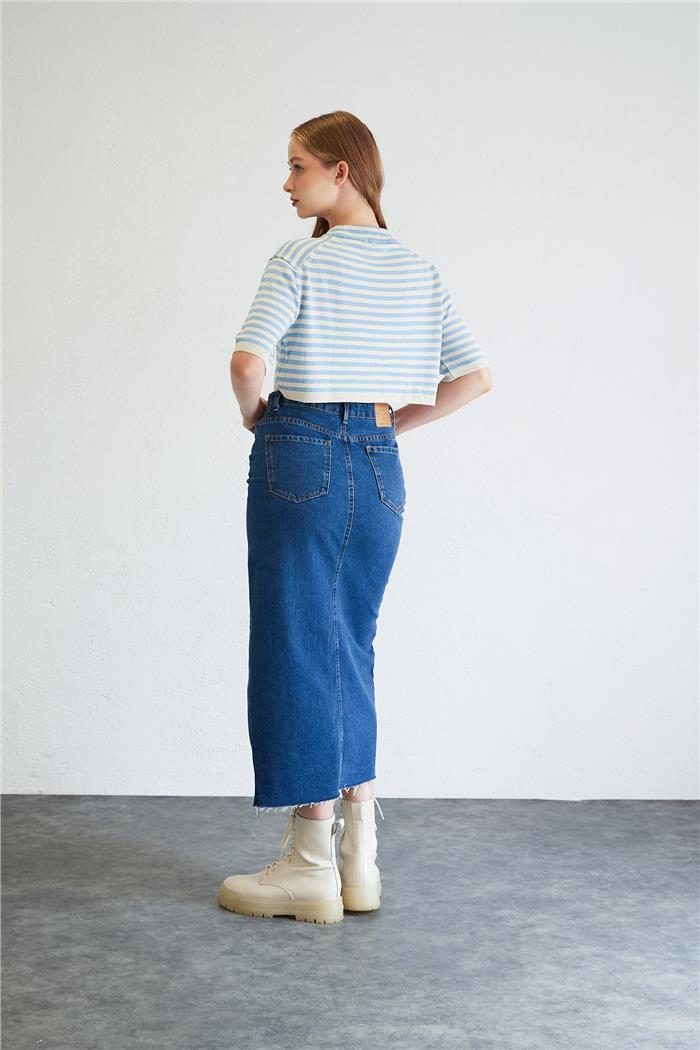 Nisan Kadın OVERSIZE TRİKO CROP TOP HAM EKRU-BEBE MAVİ TT4038-Z