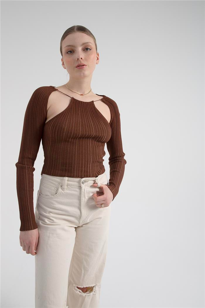 Nisan Kadın Pencere Detaylı Triko Bluz KAHVE TT3772-Z