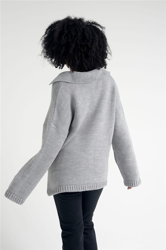 Nisan Kadın Polo Yaka Oversize Triko Kazak GRİ TT3813-Z