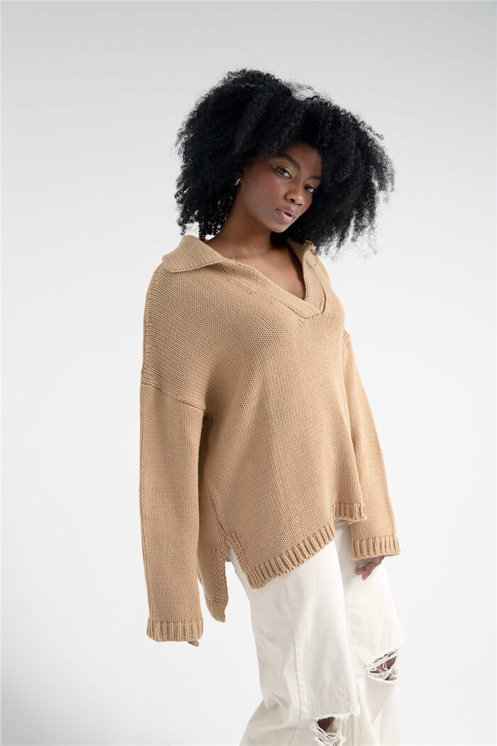 Nisan Kadın Polo Yaka Oversize Triko Kazak CAMEL TT3813-Z
