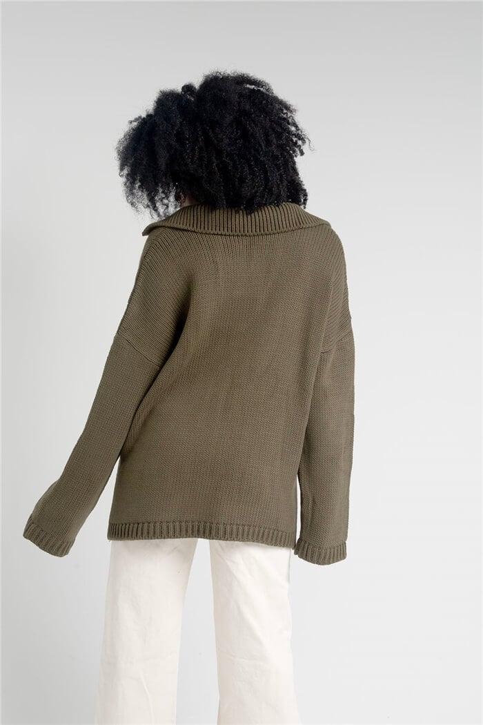 Nisan Kadın Polo Yaka Oversize Triko Kazak HAKİ TT3813-Z