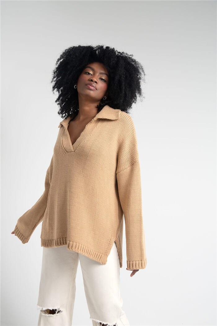 Nisan Kadın Polo Yaka Oversize Triko Kazak CAMEL TT3813-Z