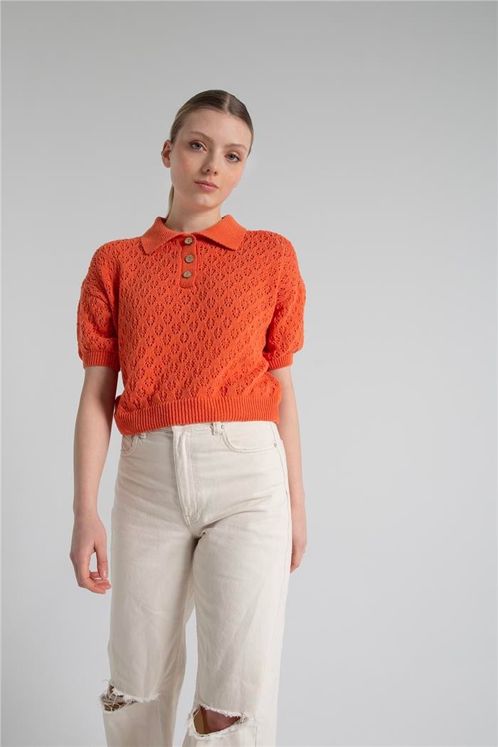 Nisan Kadın Polo Yaka Triko Kazak ORANJ TT3883-Z