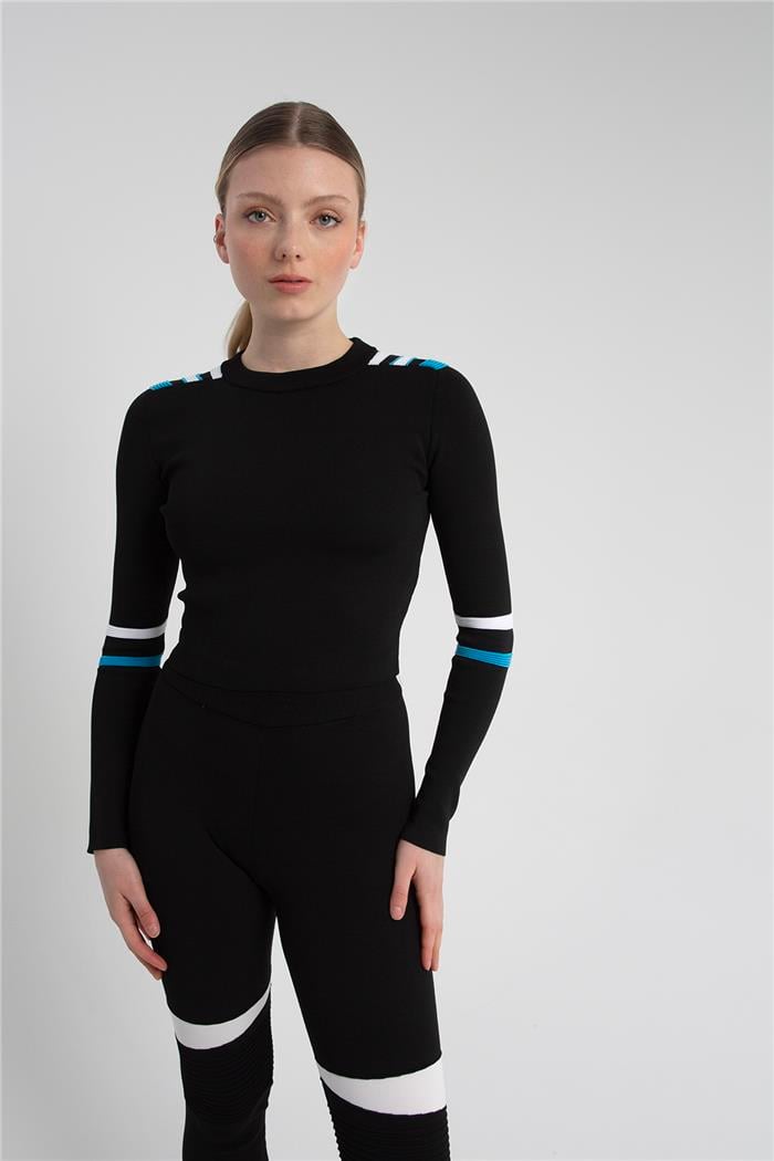 Nisan Kadın Şerit Detaylı Triko Kazak SİYAH-AQUA TT3814-Z