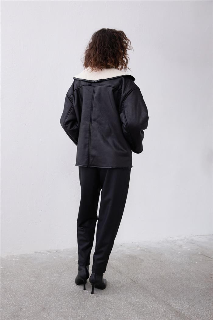 Nisan Kadın Suni Kürklü Oversize Deri Ceket SİYAH N24-1756