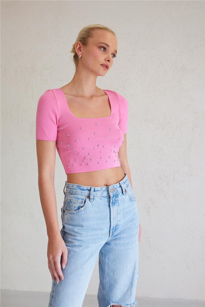 Nisan Kadın Taşlı Triko Bluz PEMBE TT3948-Z