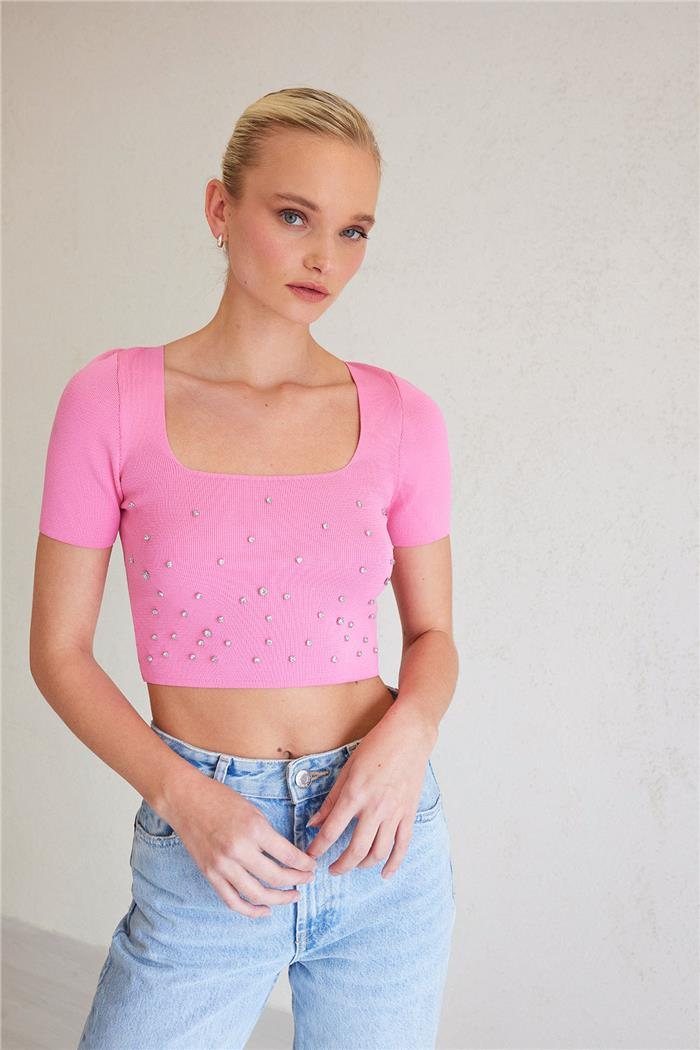 Nisan Kadın Taşlı Triko Bluz PEMBE TT3948-Z