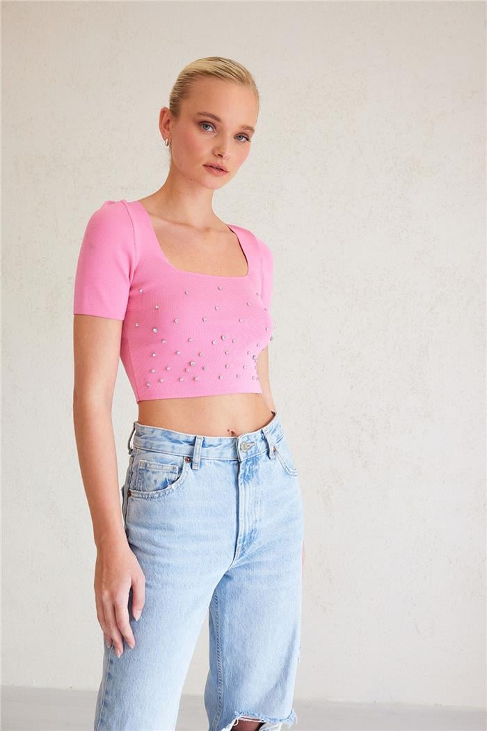 Nisan Kadın Taşlı Triko Bluz PEMBE TT3948-Z