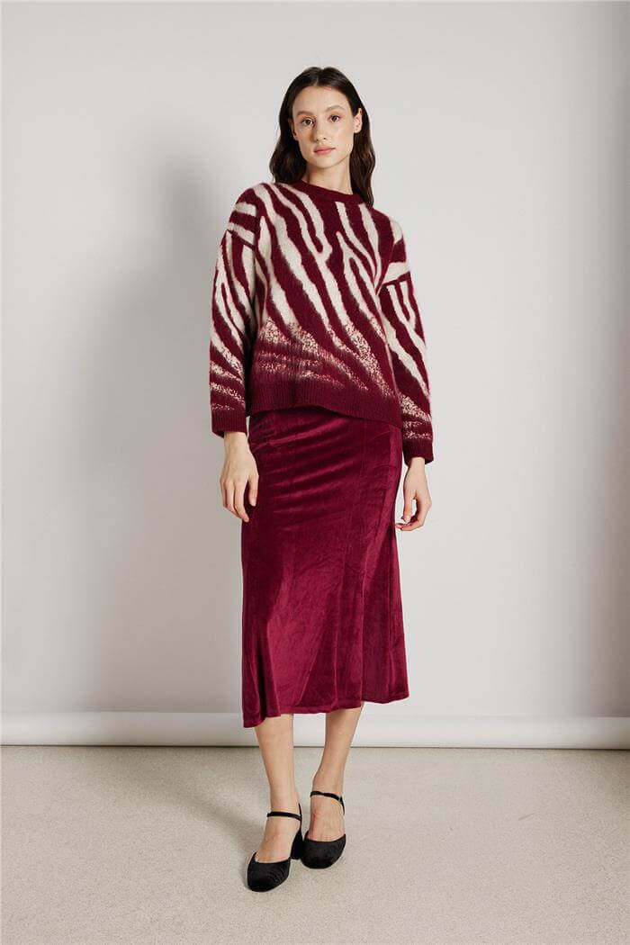 Nisan Kadın ZEBRA DESEN TRİKO KAZAK BORDO-TAŞ TT4448-Z