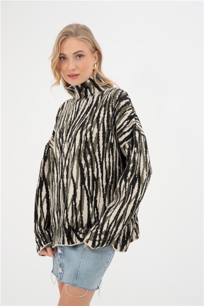 Nisan Kadın Zebra Desenli Triko Kazak TAŞ-SİYAH-HAKİ tt3388-z