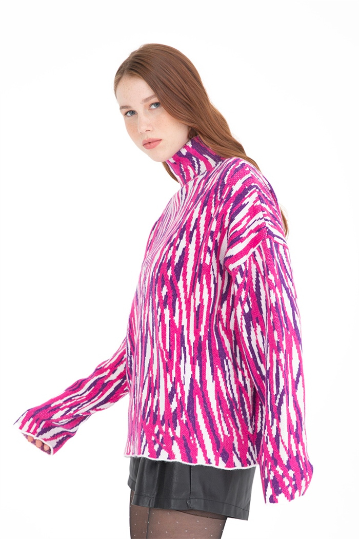 Nisan Kadın Zebra Desenli Triko Kazak EKRU-FUŞYA-MOR tt3388-z