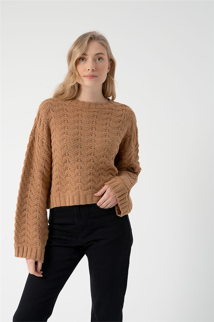 Nisan Kadın Zizgaz Kabartma Desen Triko Kazak CAMEL TT3753-Z
