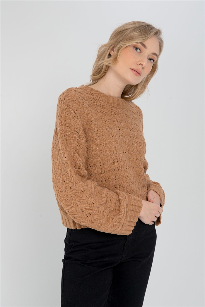 Nisan Kadın Zizgaz Kabartma Desen Triko Kazak CAMEL TT3753-Z