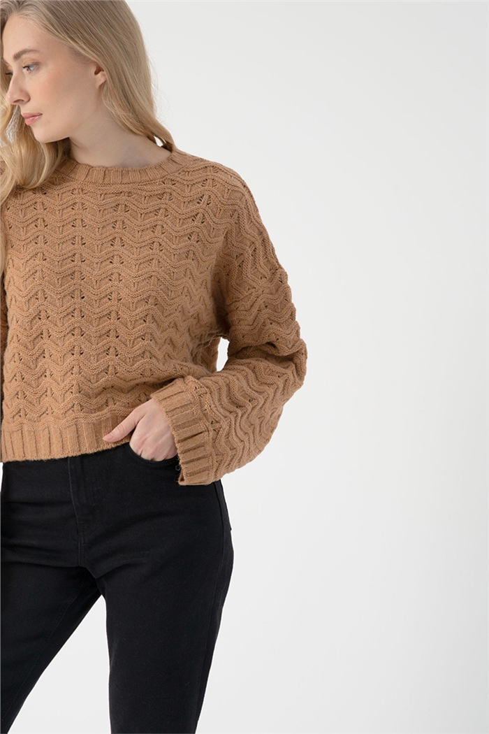 Nisan Kadın Zizgaz Kabartma Desen Triko Kazak CAMEL TT3753-Z