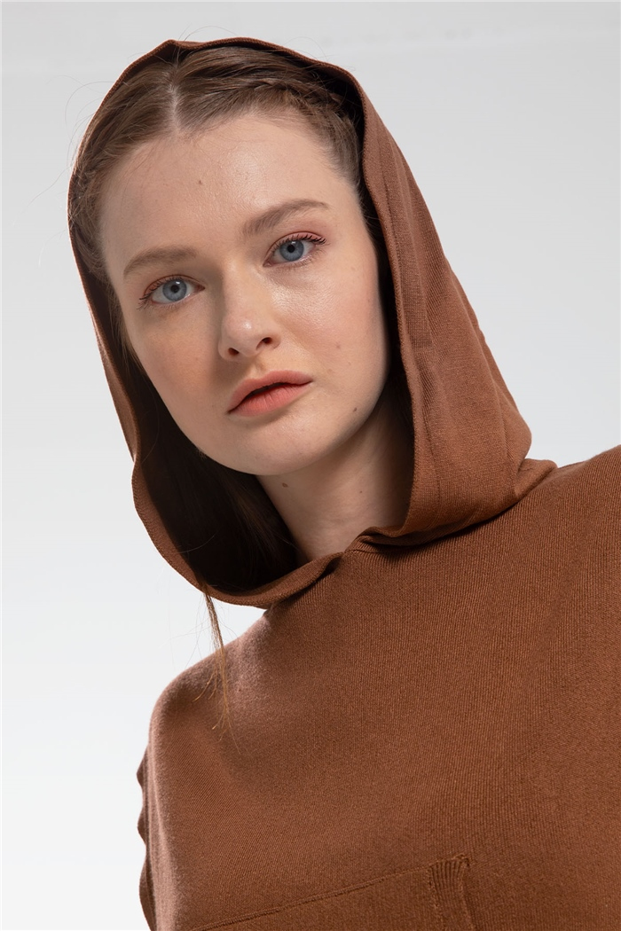 Nisan Kapşonlu Salaş Triko Sweatshirt  KAHVE  TT3064-Z