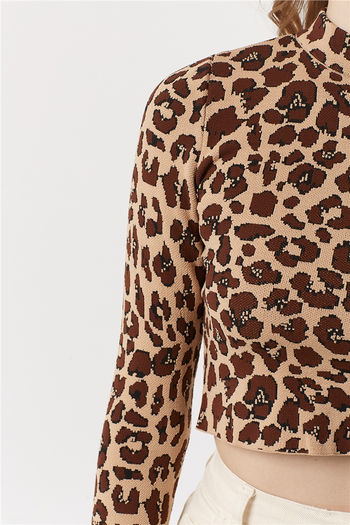 Nisan Leopar Desenli Sırt Dekolteli Kazak  CAMEL  TT3406-Z