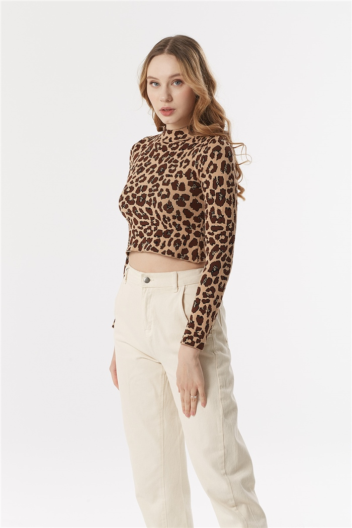 Nisan Leopar Desenli Sırt Dekolteli Kazak  CAMEL  TT3406-Z