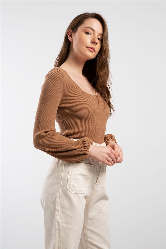 Nisan Ön Arka Dekolteli Triko Bluz  CAMEL  TT2914-Z