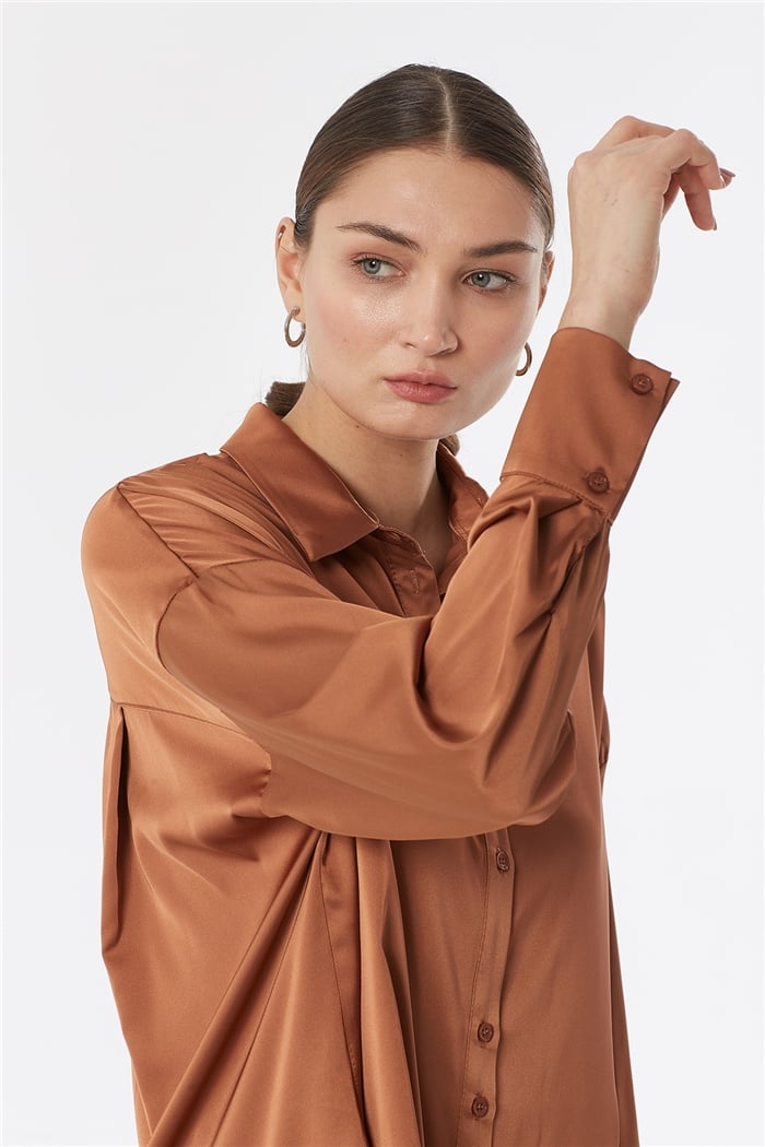 Nisan OVERSIZE SATEN GÖMLEK  KAHVE  N22-1307