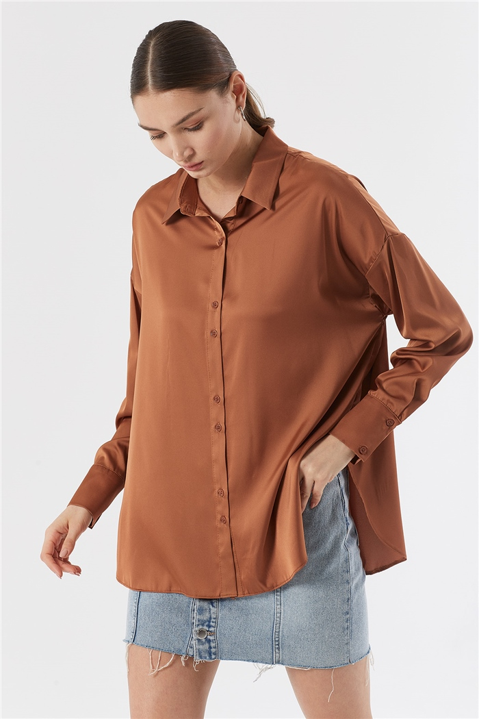 Nisan OVERSIZE SATEN GÖMLEK  KAHVE  N22-1307