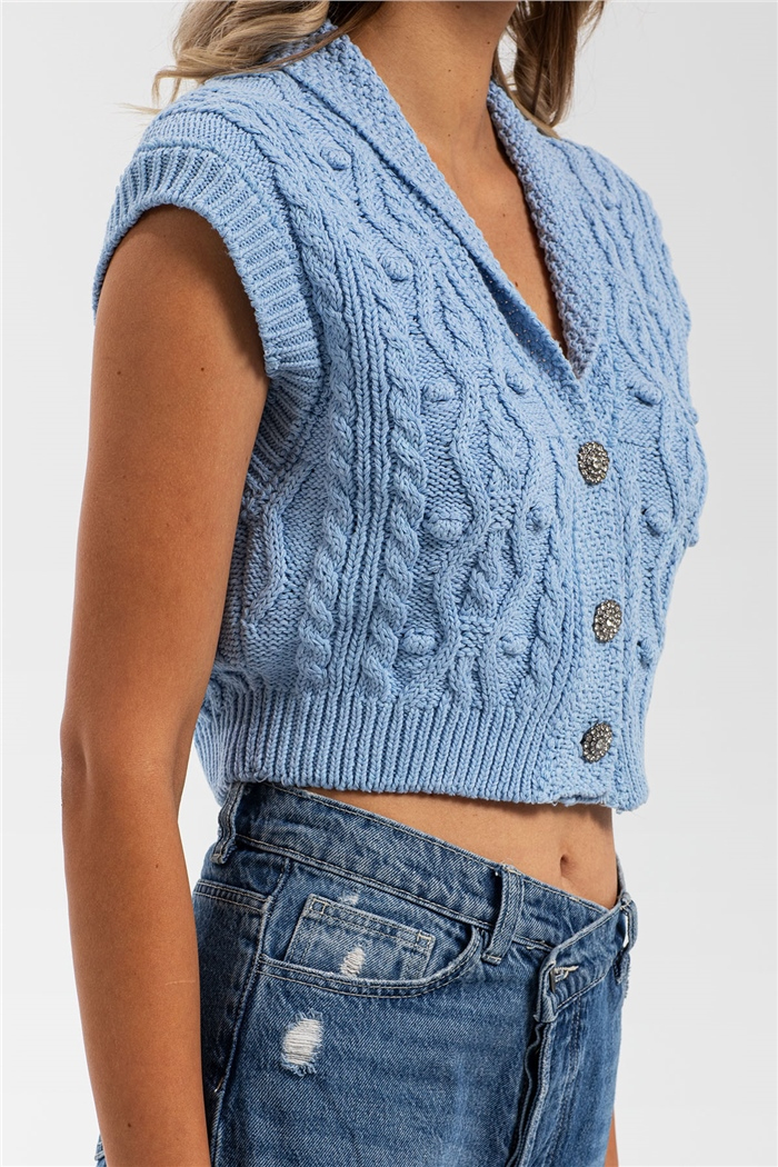 Nisan Ponponlu Baklava Desen Crop Triko Yelek  MAVİ  TT3117-Z