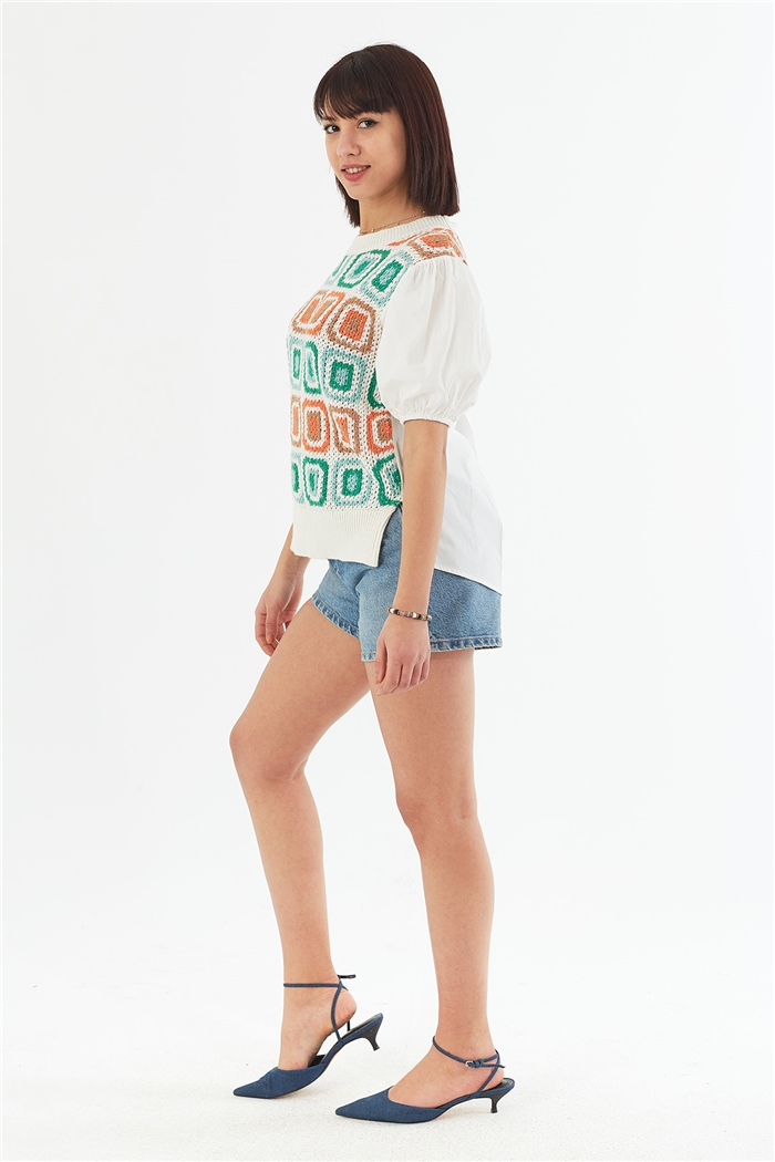 Nisan Poplin Garnili Bluz  HAM EKRU-BENETTON  TT3445-Z