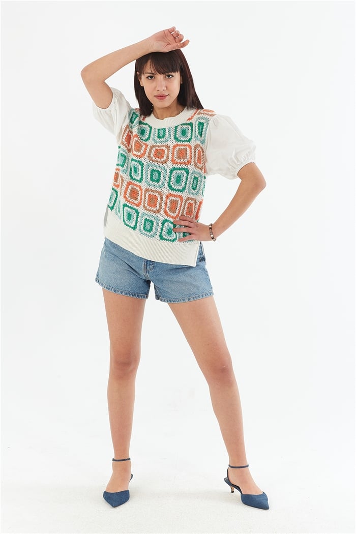 Nisan Poplin Garnili Bluz  HAM EKRU-BENETTON  TT3445-Z