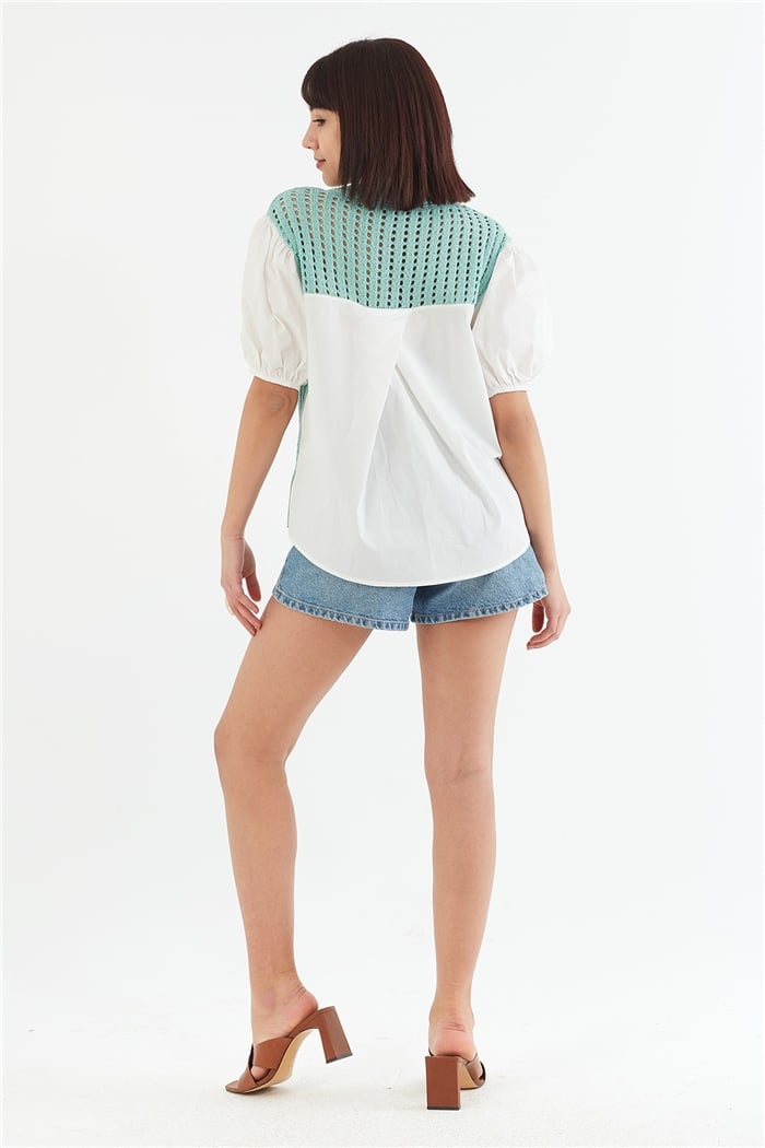 Nisan Poplin Garnili Bluz  MİNT YEŞİLİ  TT3436-Z